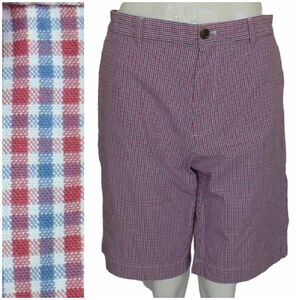 BROOKS BROS Shorts, 38, Blue/red micro plaid, Bermuda/Walking, Zipper, Pockets